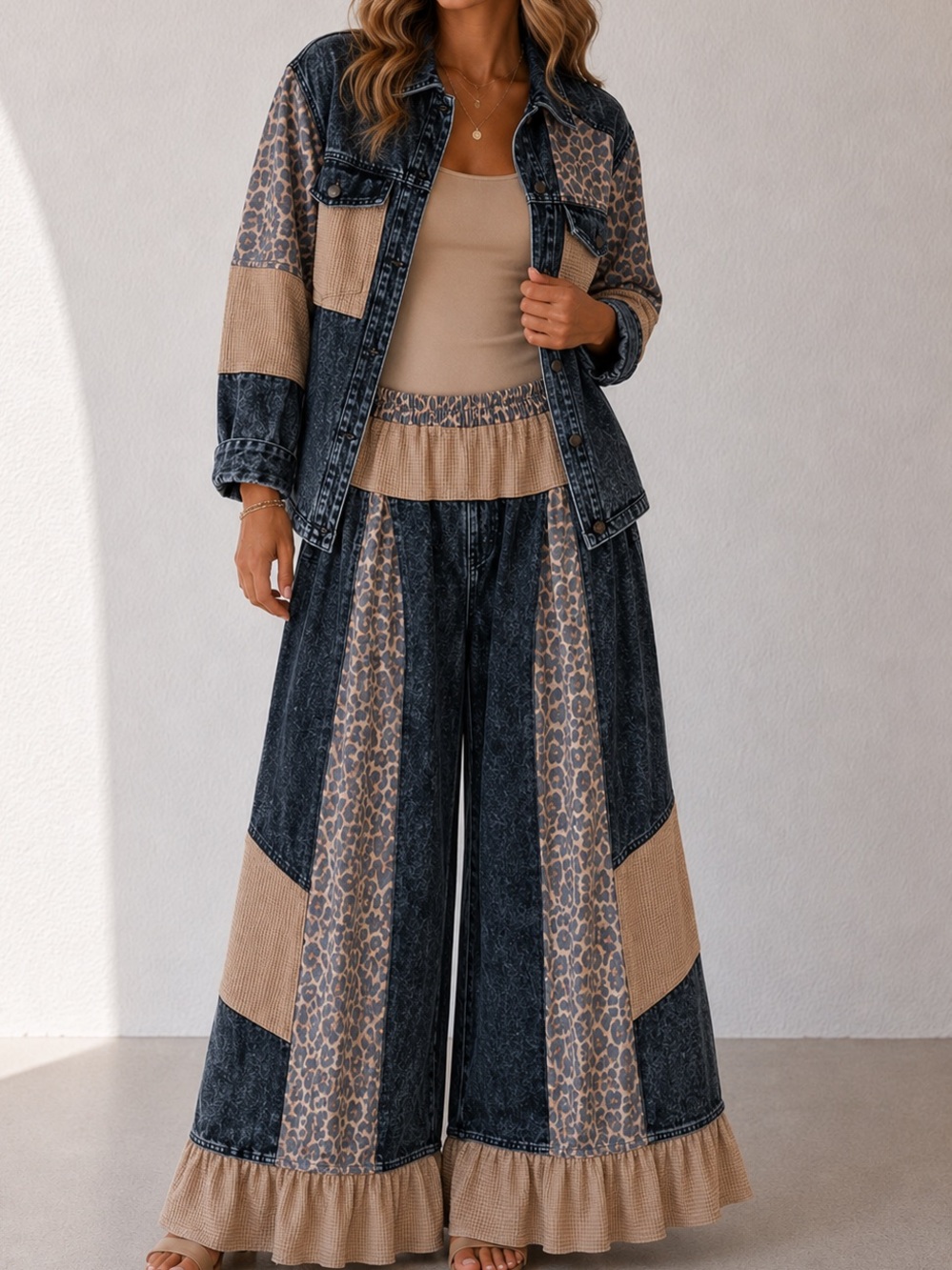NEW POL SET : “The Demmie”Leopard & Washed Denim Jacket &Pant Set - Picture 3 of 6